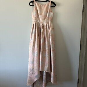 Adrianna Papell Boat-Neck Blush Pink Metal Jacquard High Low Formal Dress - US 4